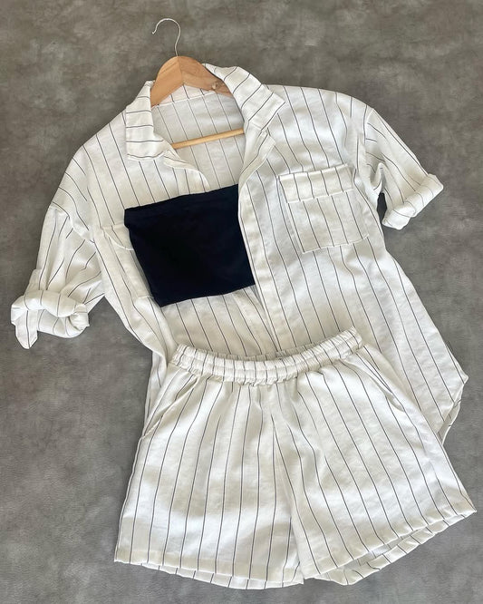 Set de lino a rayas - Blanco